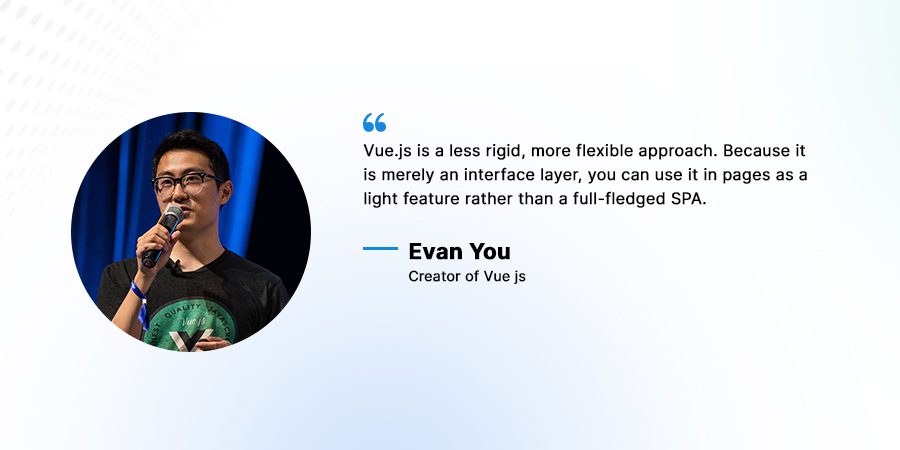 "Vue.js is a less rigid, more flexible approach. Because it is merely an interface layer, you can use it in pages as a light feature rather than a full-fledged SPA. “ 